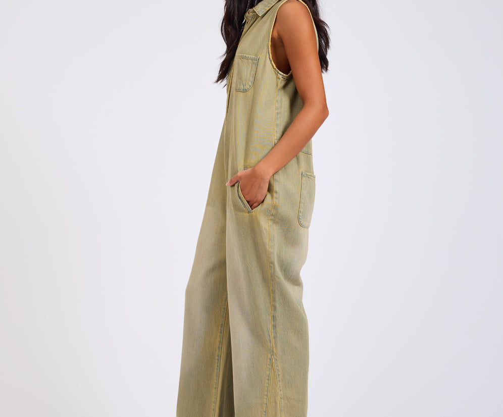 Braxton Wide Leg Long Length Denim Jumpsuit - Warm Khaki