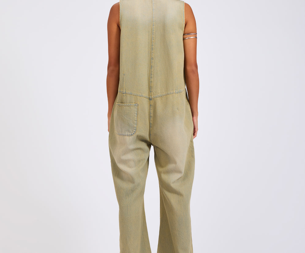 Braxton Wide Leg Long Length Denim Jumpsuit - Warm Khaki