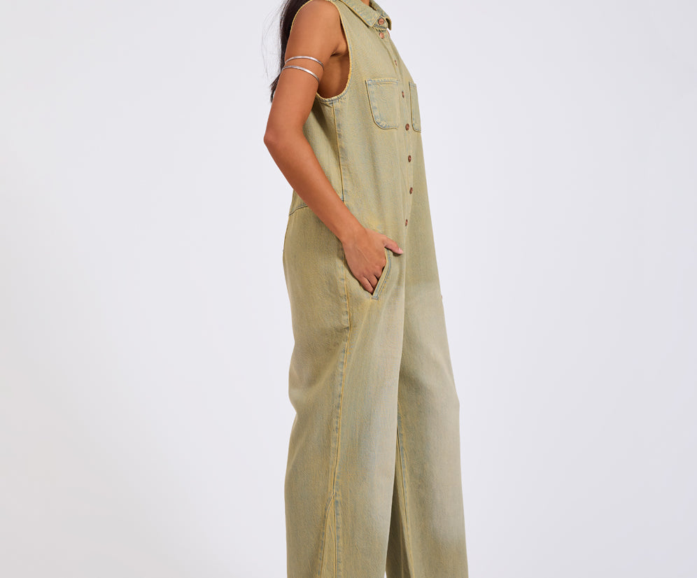 Braxton Wide Leg Long Length Denim Jumpsuit - Warm Khaki