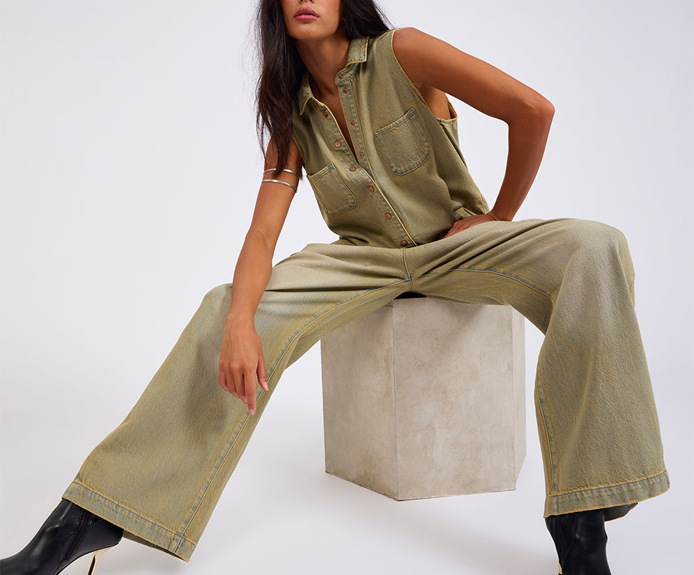 Braxton Wide Leg Long Length Denim Jumpsuit - Warm Khaki