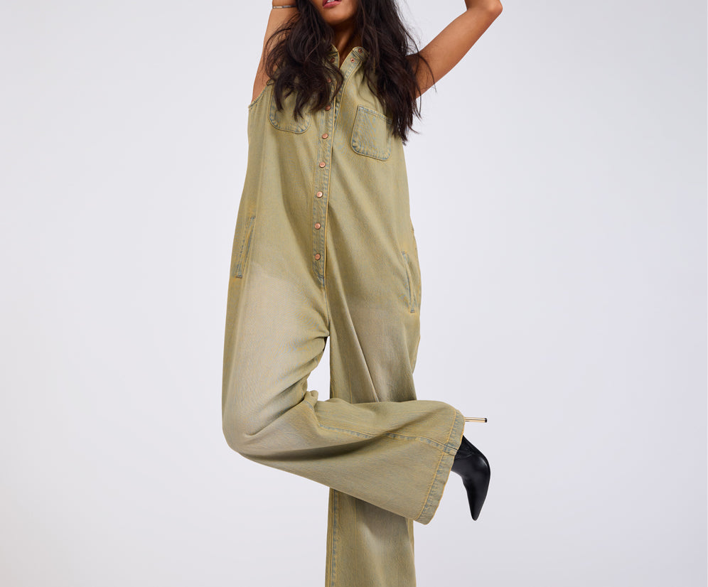 Braxton Wide Leg Long Length Denim Jumpsuit - Warm Khaki