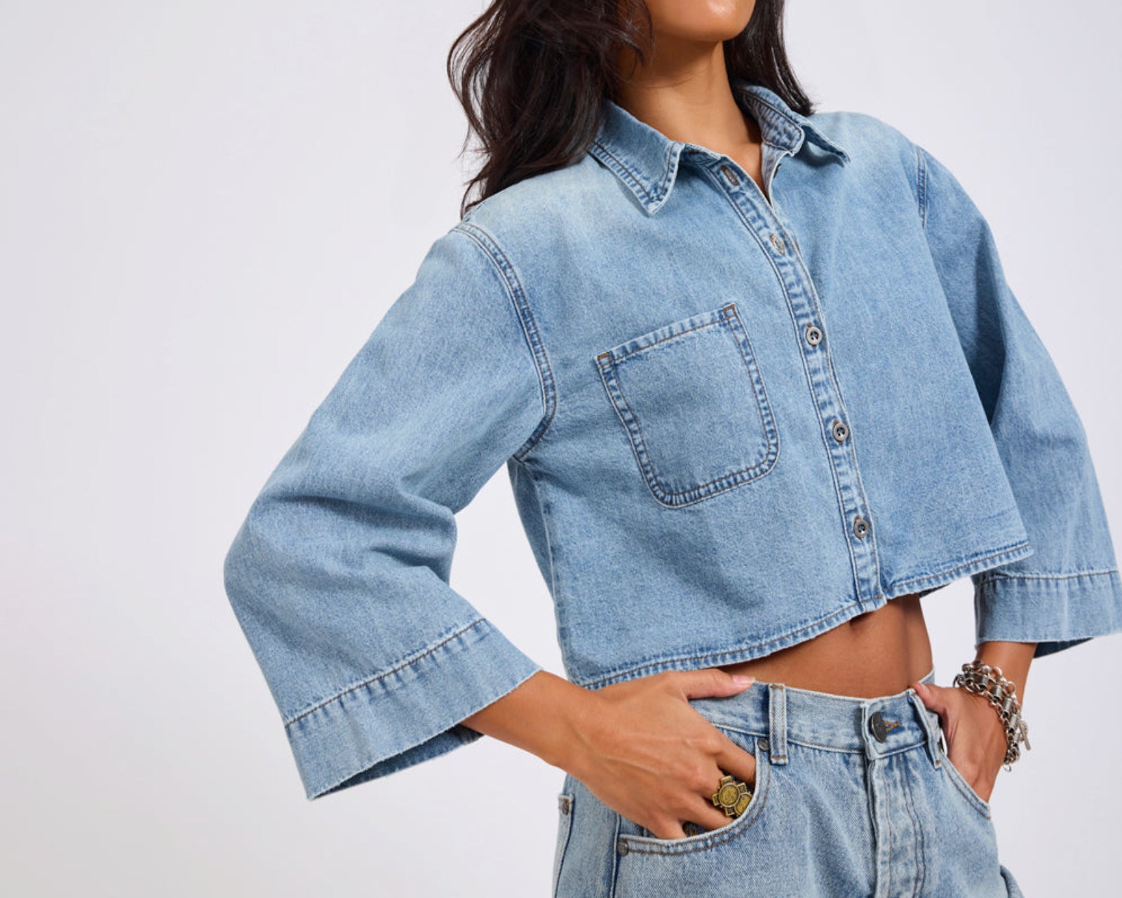 Gracie Cropped Denim Shirt - Misty Blue