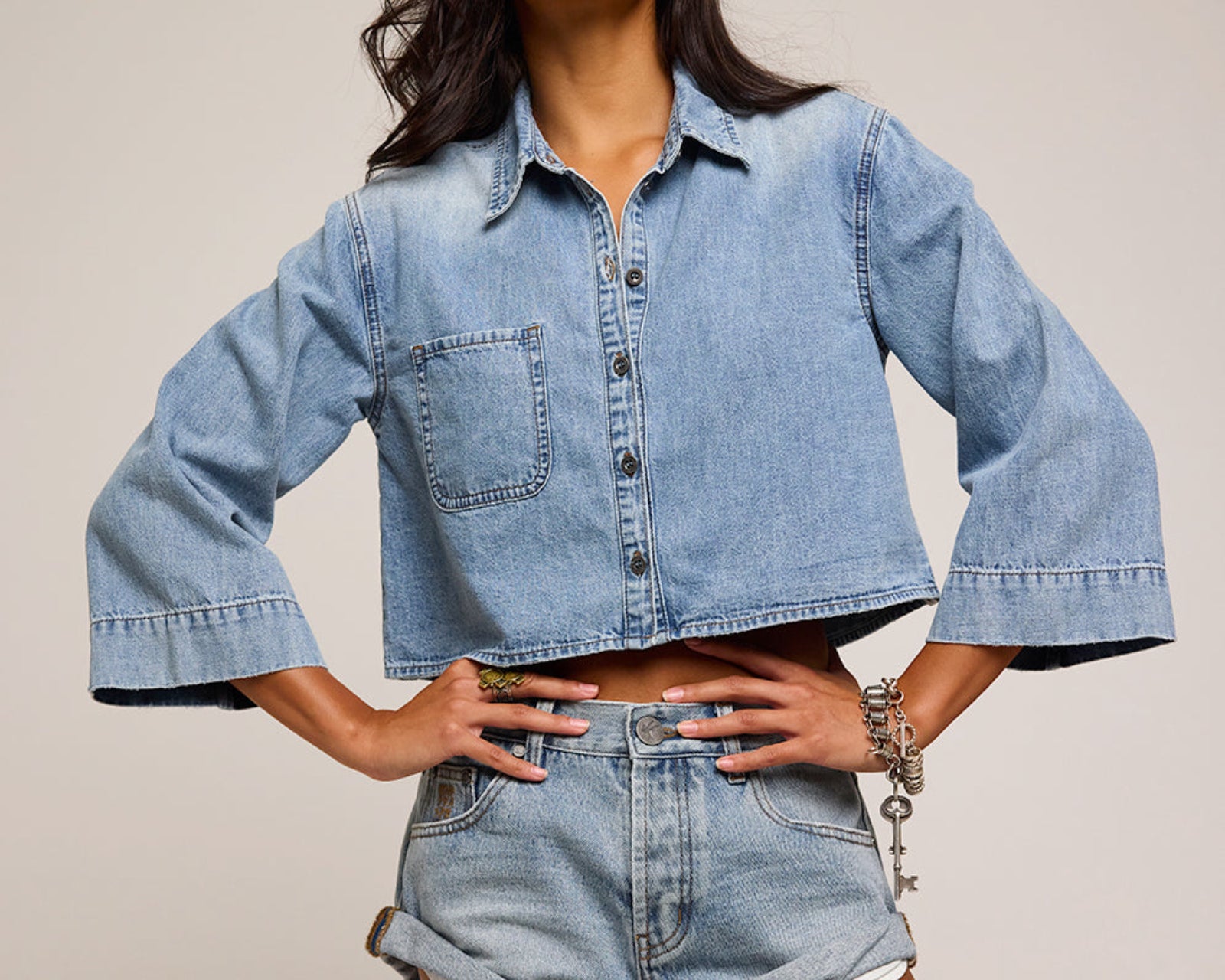 Gracie Cropped Denim Shirt - Misty Blue