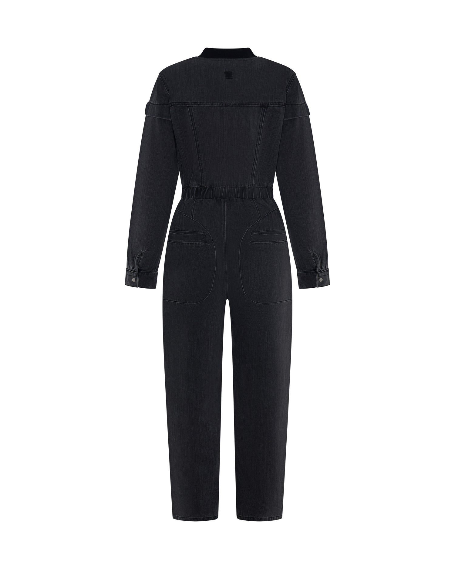Rebel In Bloom Callie Aviator Longsleeve Studded Denim Jumpsuit - Washed Black