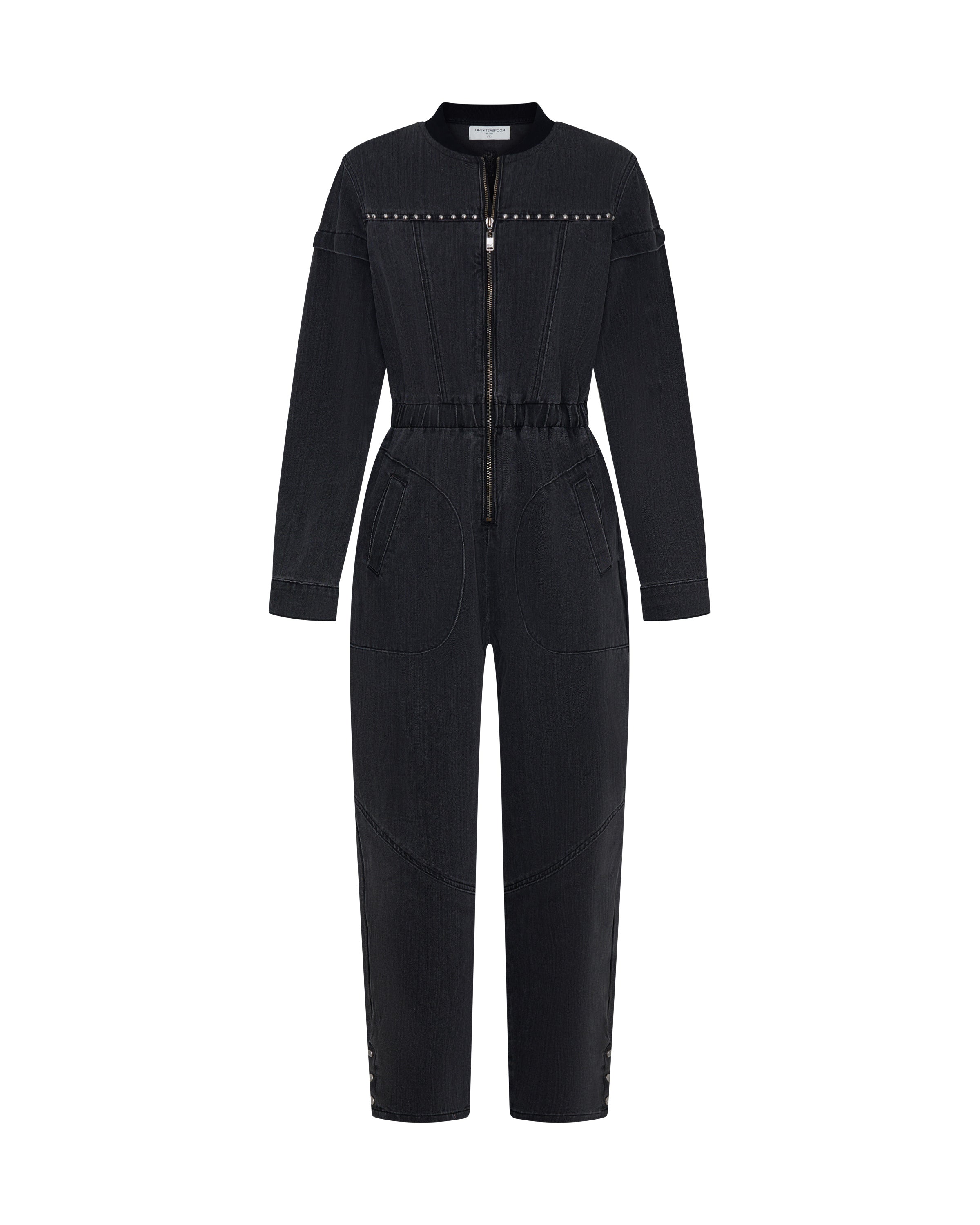 ワンピース soor ploom tippi black denim 2y Callie Aviator Longsleeve Studded Denim Jumpsuit - Washed Black