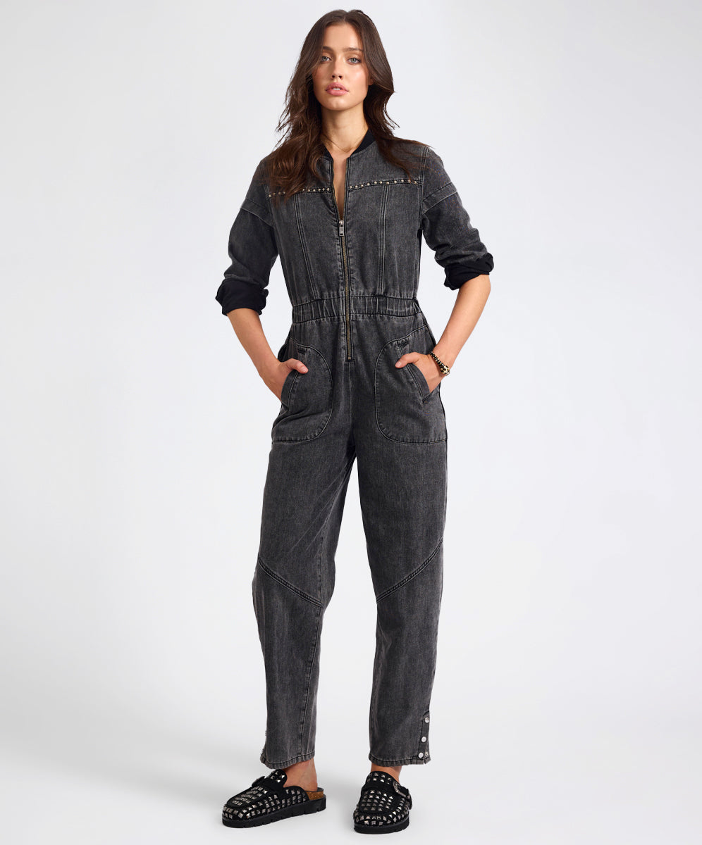 Rebel In Bloom Callie Aviator Longsleeve Studded Denim Jumpsuit - Washed Black