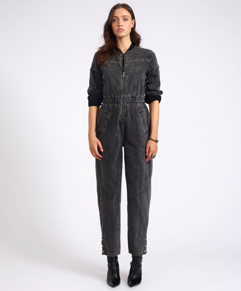 Rebel In Bloom Callie Aviator Longsleeve Studded Denim Jumpsuit - Washed Black