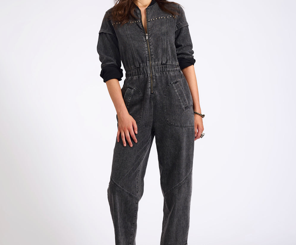 Callie Aviator Longsleeve Studded Denim Jumpsuit - Washed Black