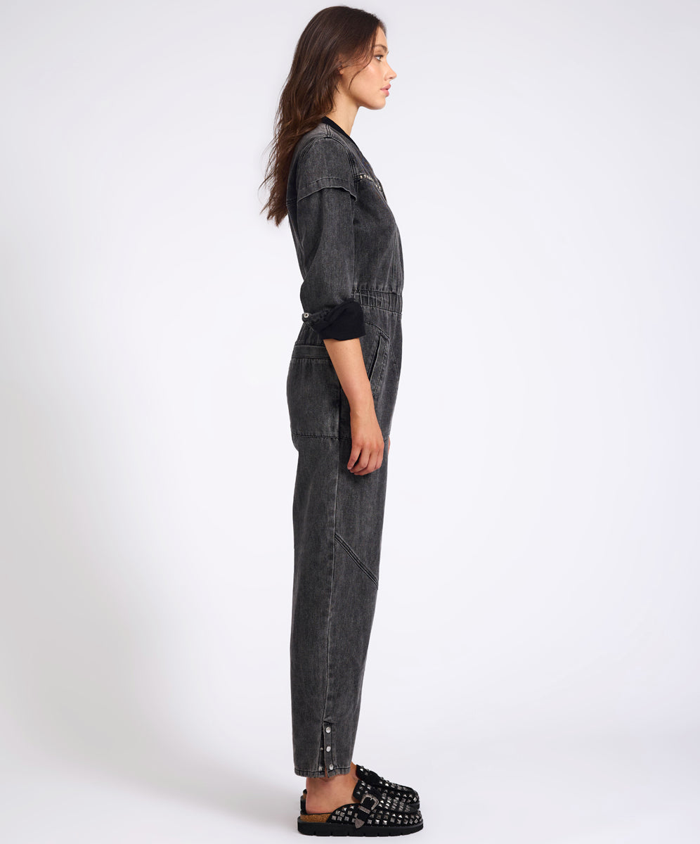 Callie Aviator Longsleeve Studded Denim Jumpsuit - Washed Black