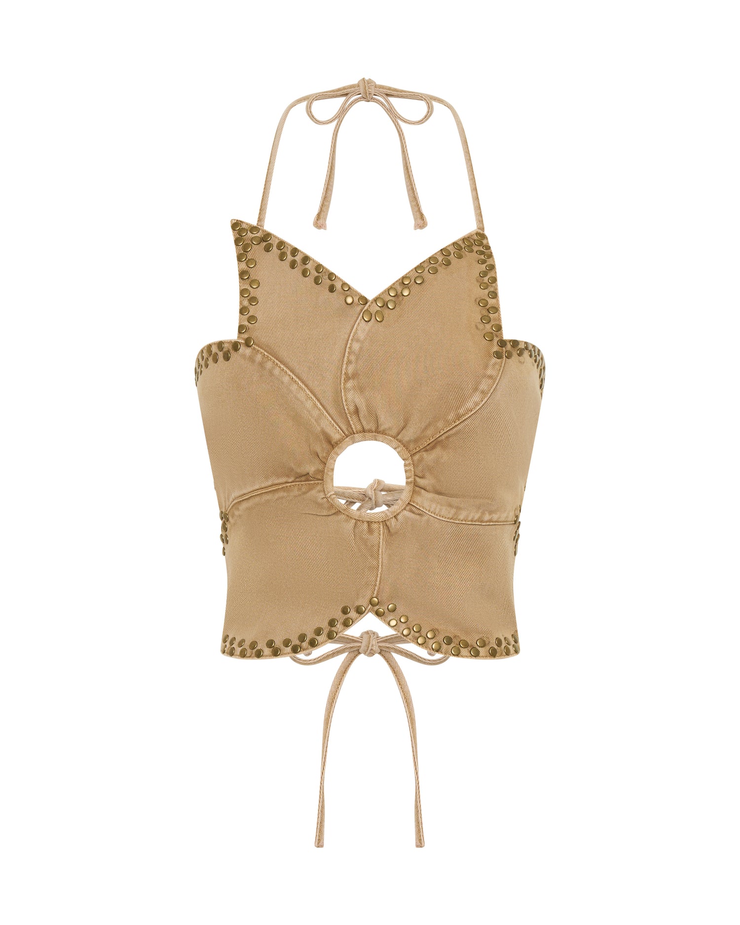 Products Denim Flower Studded Backless Crop Top - Warm Tan