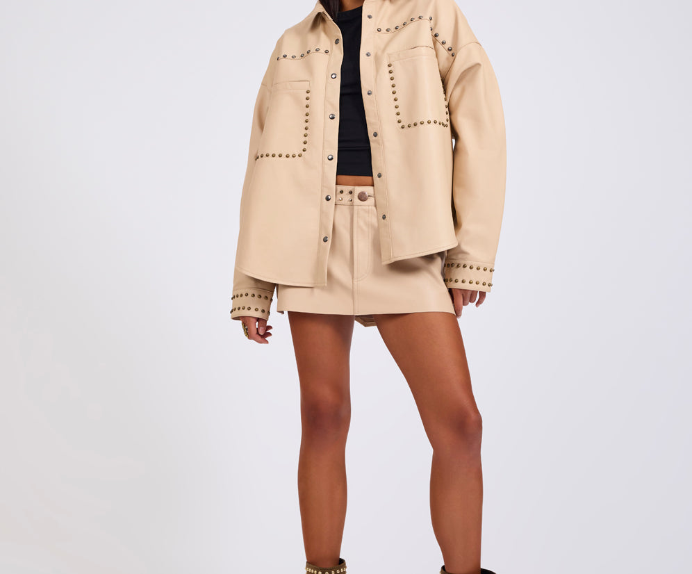 Daria Studded Leather Shacket - Tan