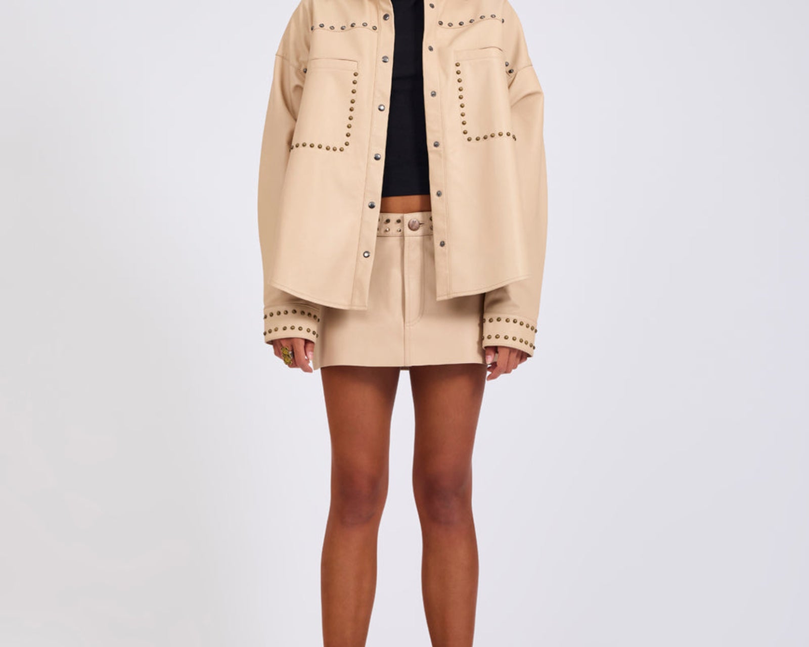 Daria Studded Leather Shacket - Tan