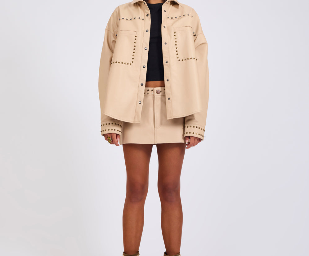 Daria Studded Leather Shacket - Tan