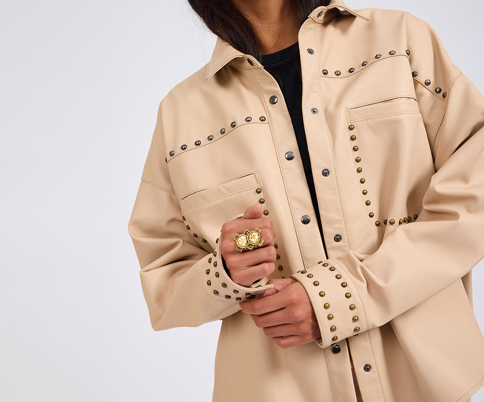 Daria Studded Leather Shacket - Tan