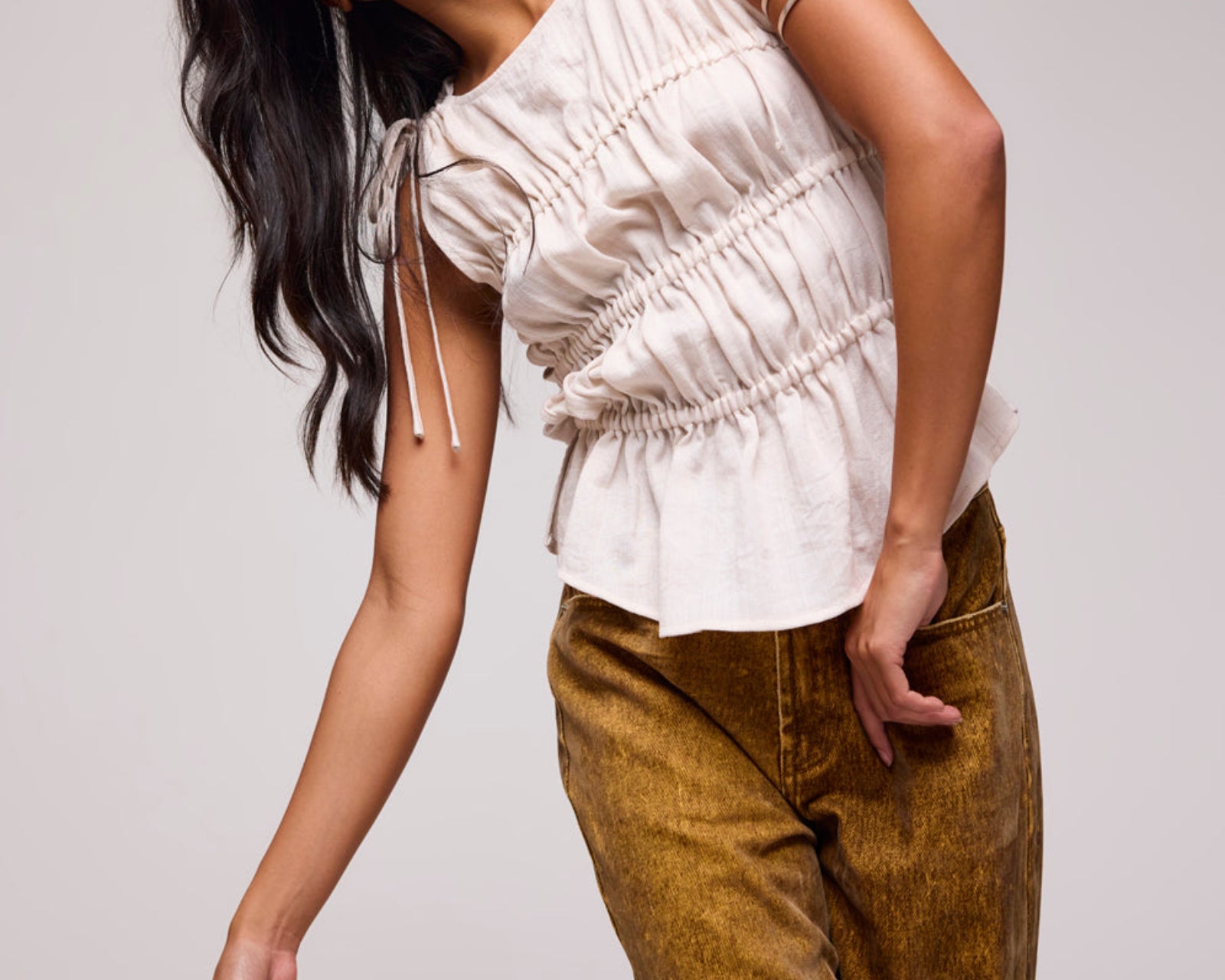 Evelyn Gathered Ruched Tie Top - Cream