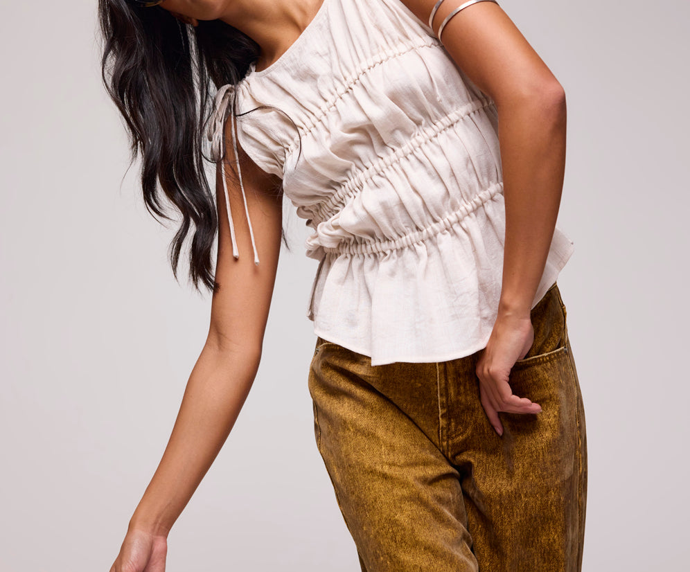 Evelyn Gathered Ruched Tie Top - Cream