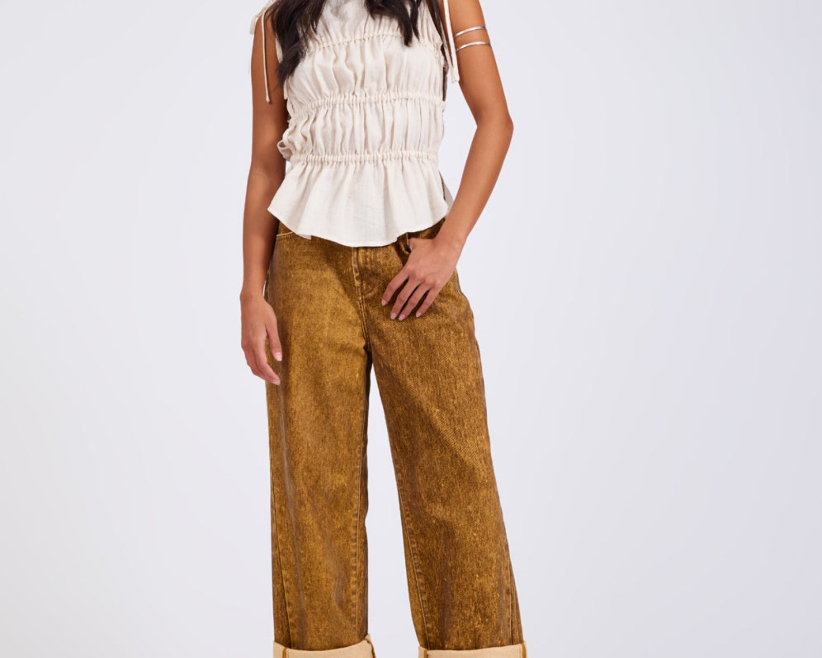 Evelyn Gathered Ruched Tie Top - Cream