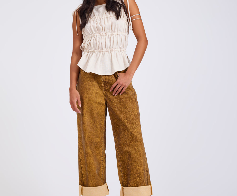 Evelyn Gathered Ruched Tie Top - Cream