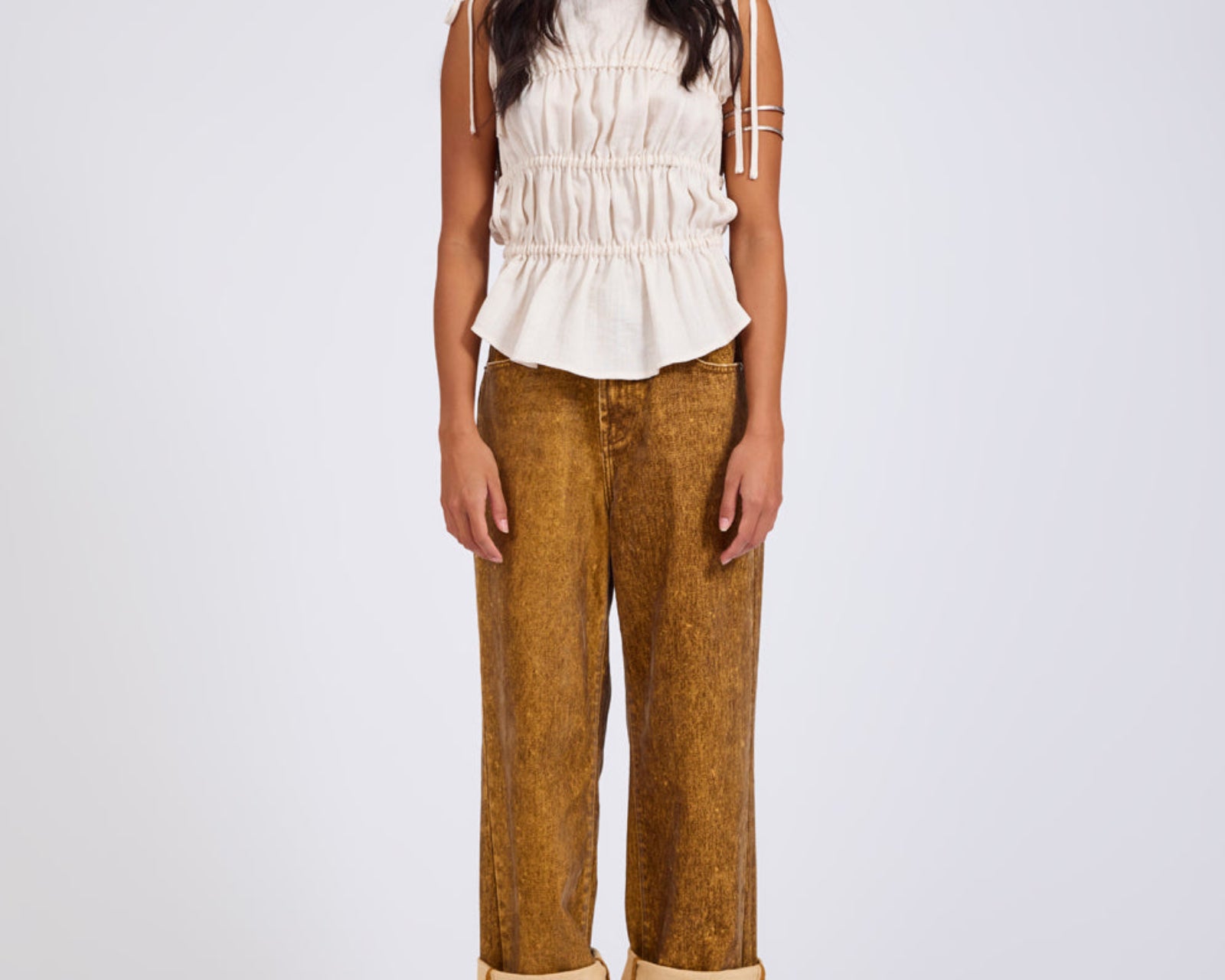 Evelyn Gathered Ruched Tie Top - Cream