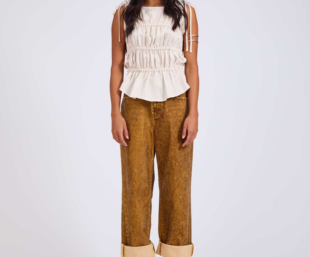 Evelyn Gathered Ruched Tie Top - Cream