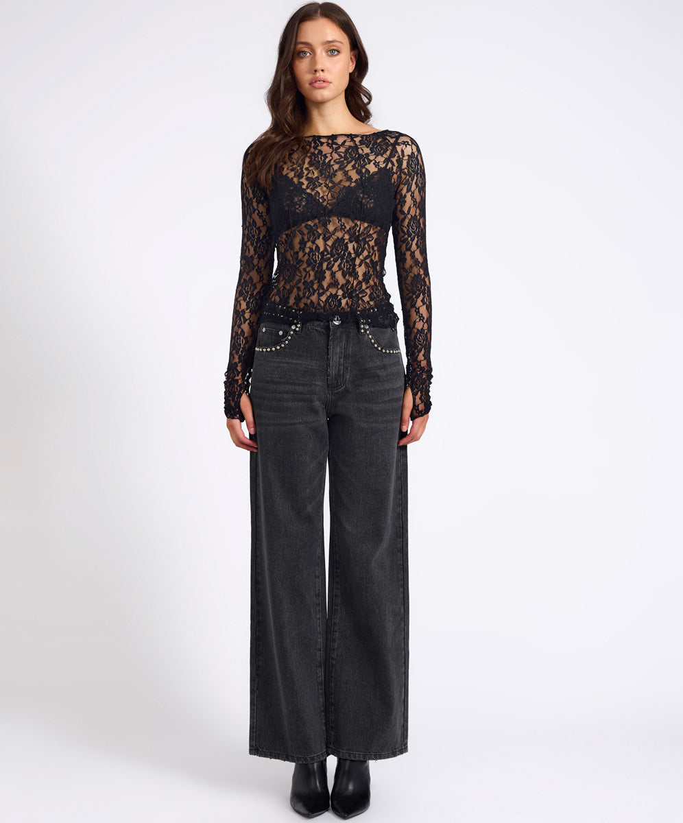 Rebel In Bloom Wednesday Lace Long Sleeve Top - Black