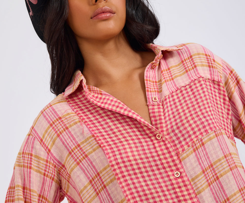 Flannel Checked Cotton Muslin Shirt - Pink