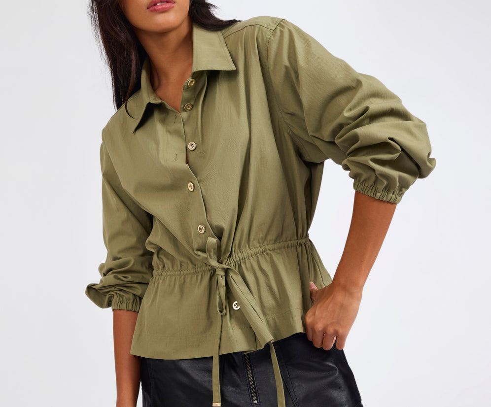 Tie Waist Cotton Shirt - Khaki