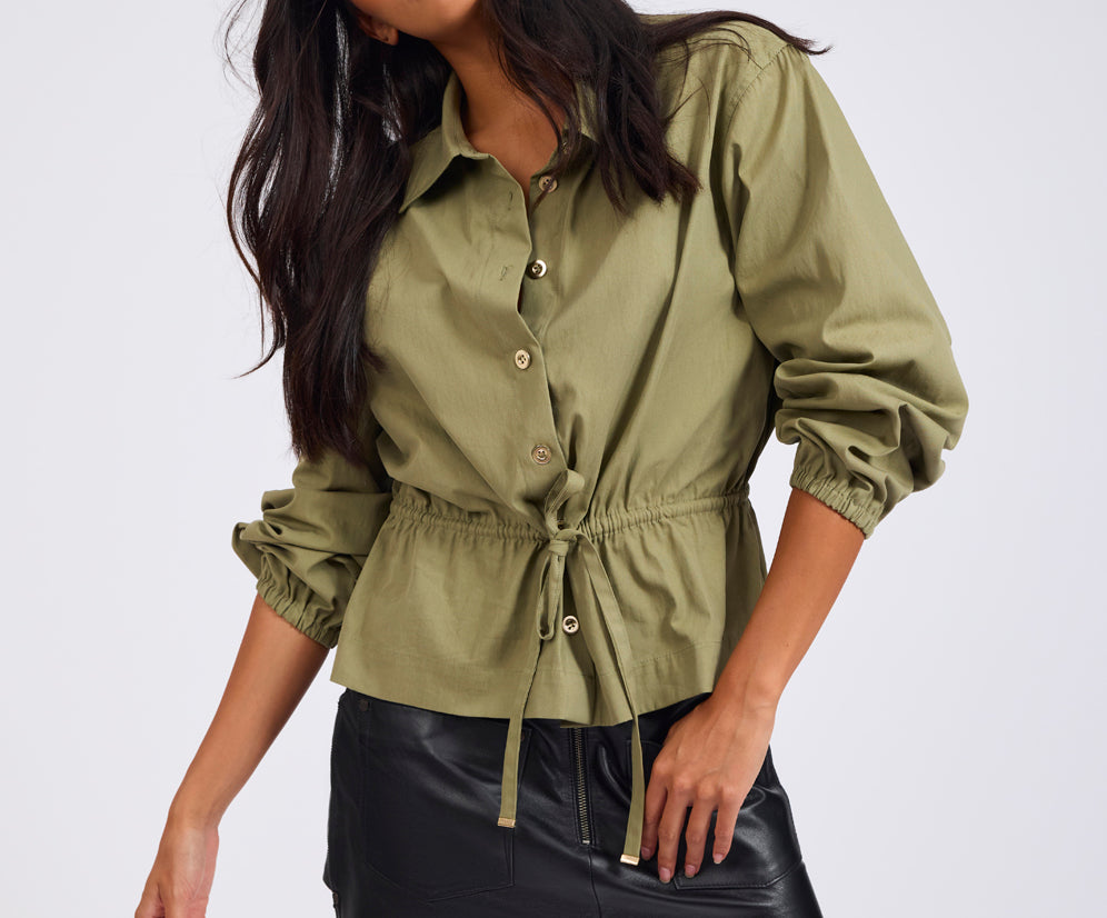 Tie Waist Cotton Shirt - Khaki
