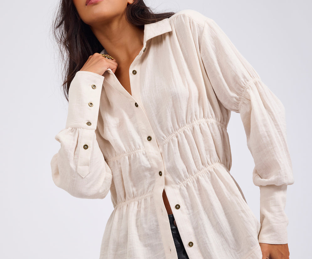 Harper Ruched Longsleeve Shirt - Cream