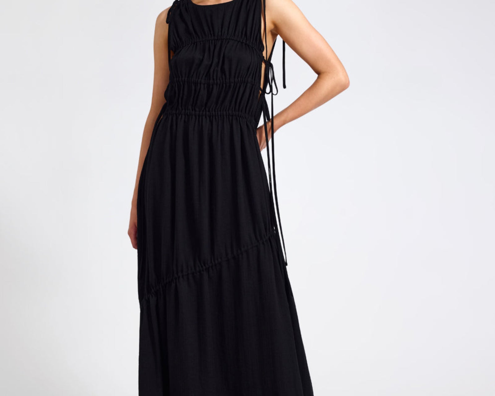 Evelyn Gathered Ruched Maxi Dress - Black