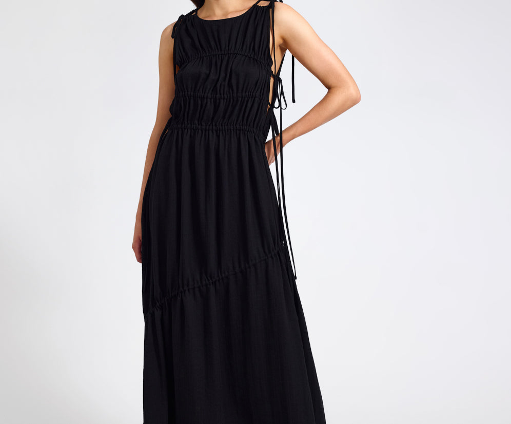 Evelyn Gathered Ruched Maxi Dress - Black