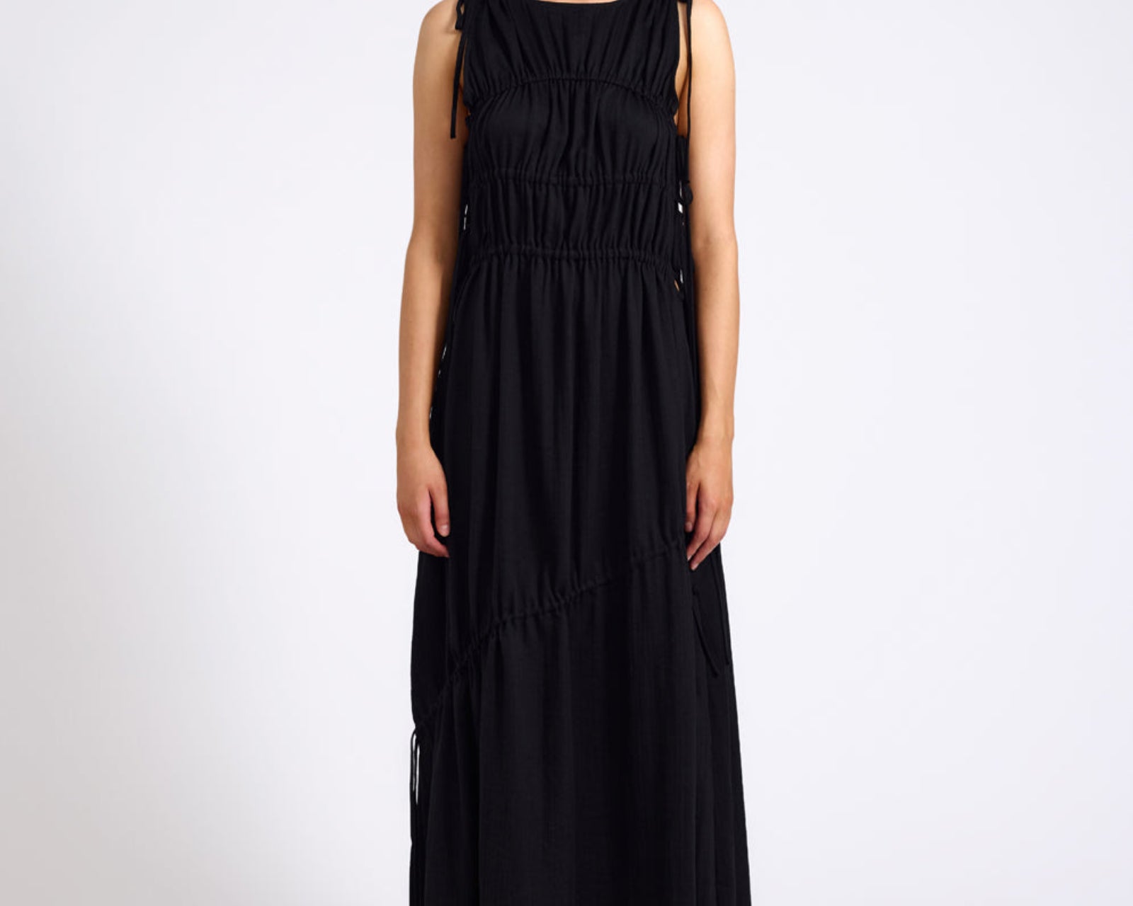 Evelyn Gathered Ruched Maxi Dress - Black