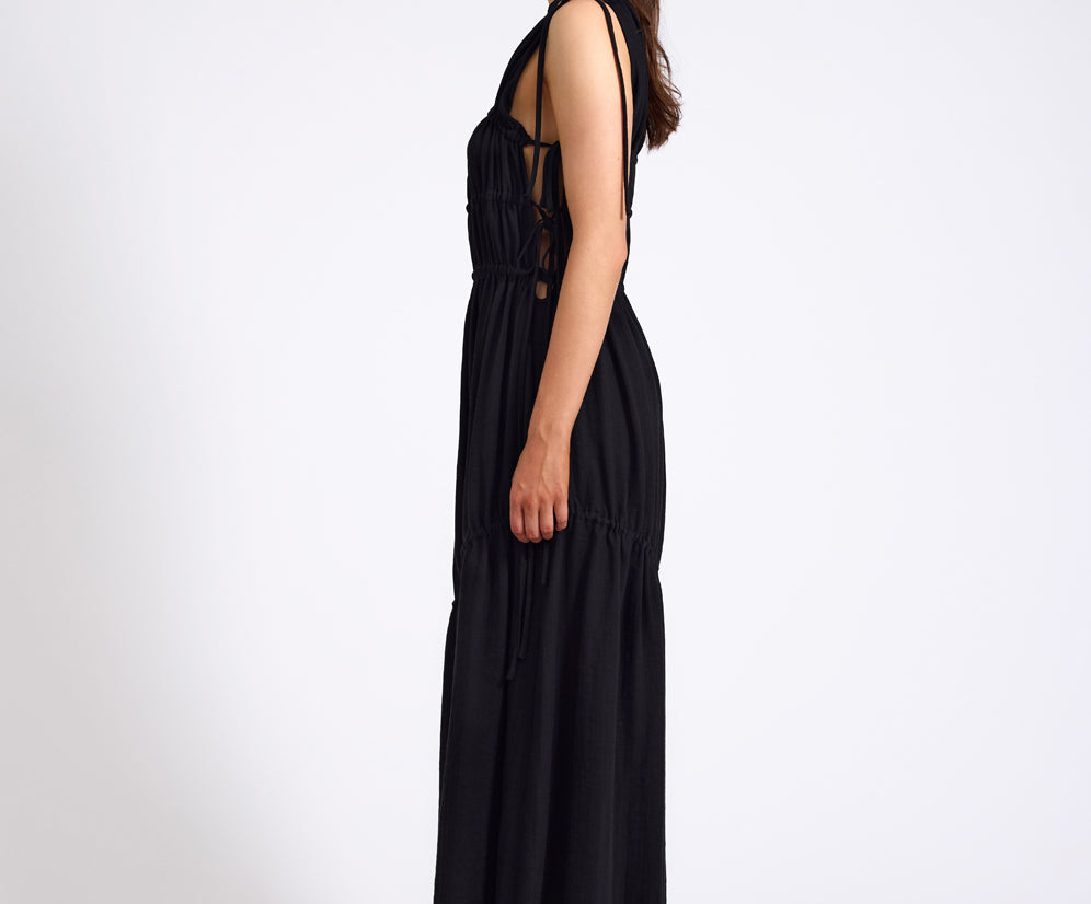 Evelyn Gathered Ruched Maxi Dress - Black