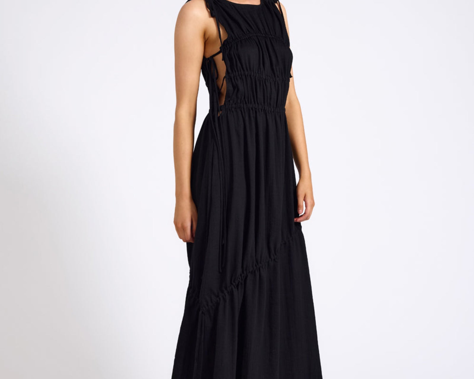 Evelyn Gathered Ruched Maxi Dress - Black