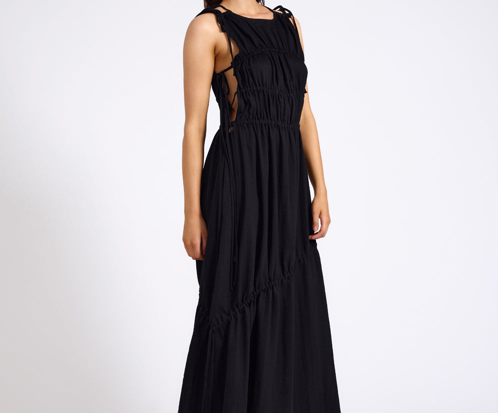 Evelyn Gathered Ruched Maxi Dress - Black
