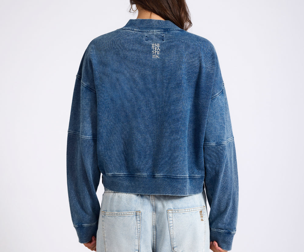 Retro Fade Panelled V Sweater - Washed Blue
