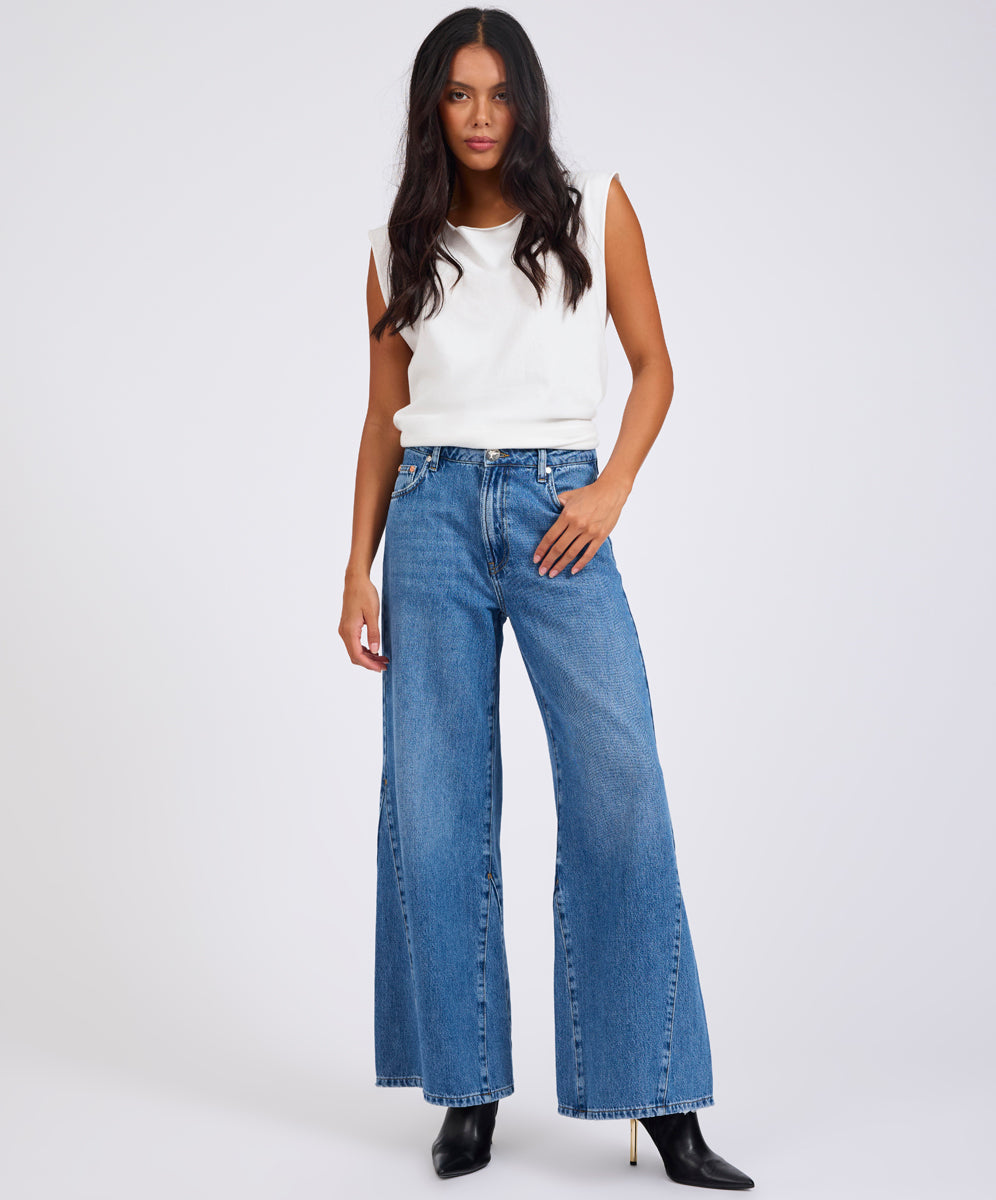 Rebel In Bloom Cruisers Mid Waist Bootcut Flare Denim Jeans - Bright Blue