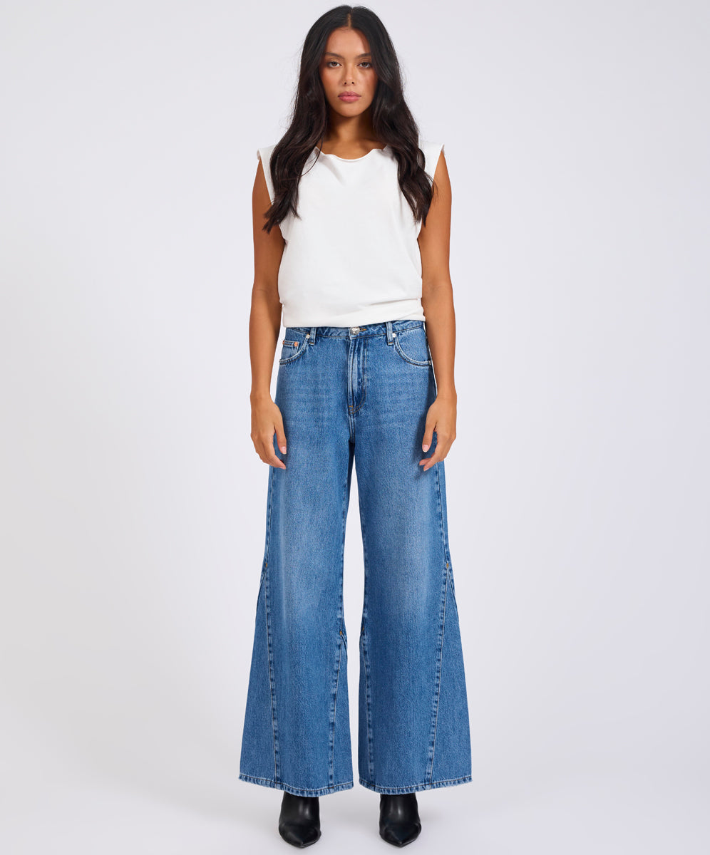 Rebel In Bloom Cruisers Mid Waist Bootcut Flare Denim Jeans - Bright Blue