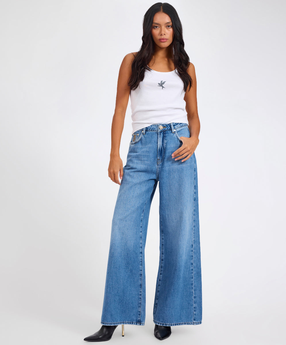 Rebel In Bloom Love Machines Mid Waist Super Wide Leg Denim Jeans - Bright Blue