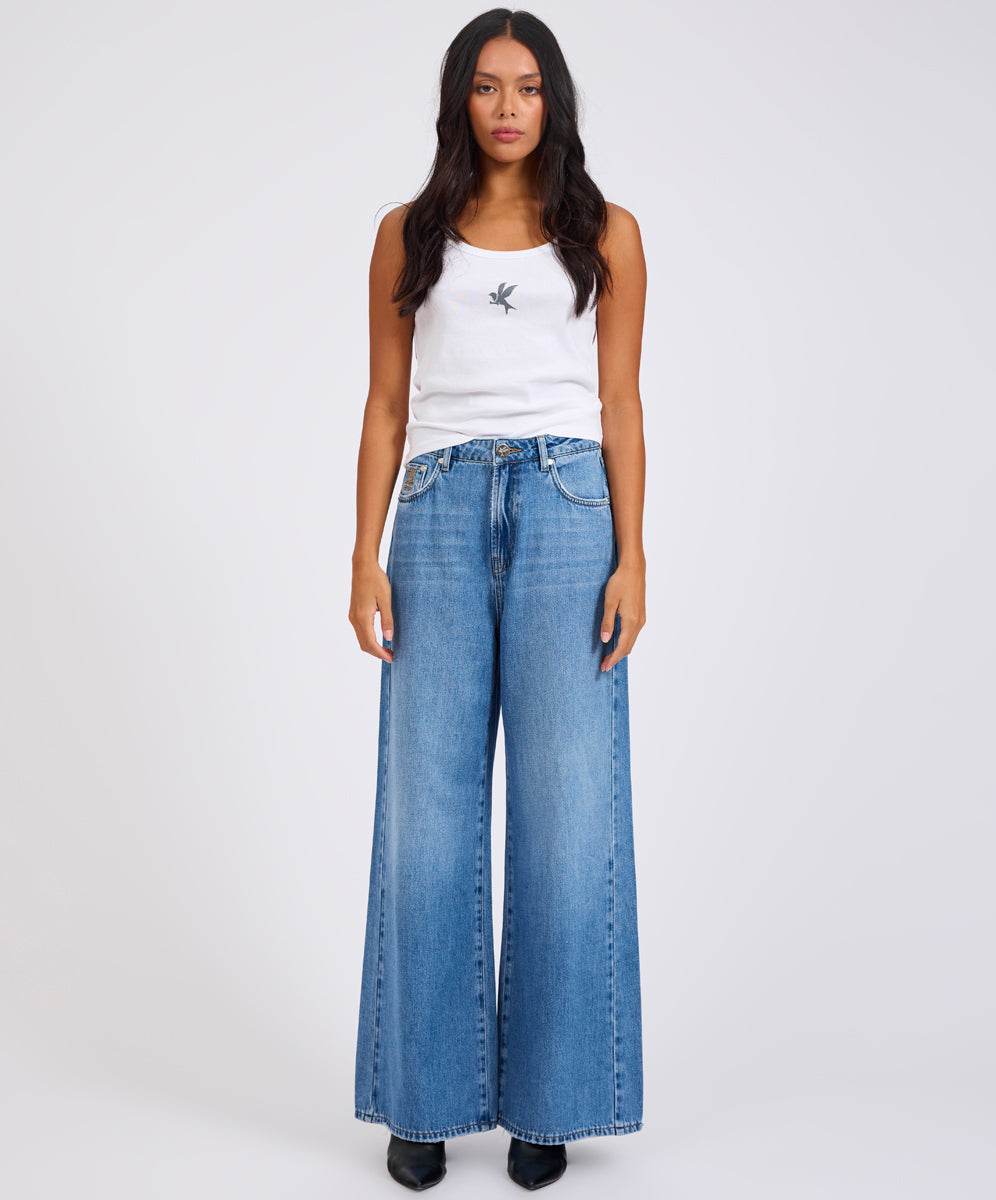 Rebel In Bloom Love Machines Mid Waist Super Wide Leg Denim Jeans - Bright Blue