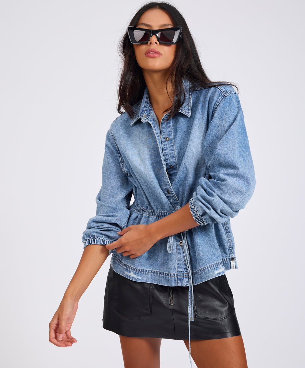 Drawstring Denim Shirt - Washed Blue | One Teaspoon