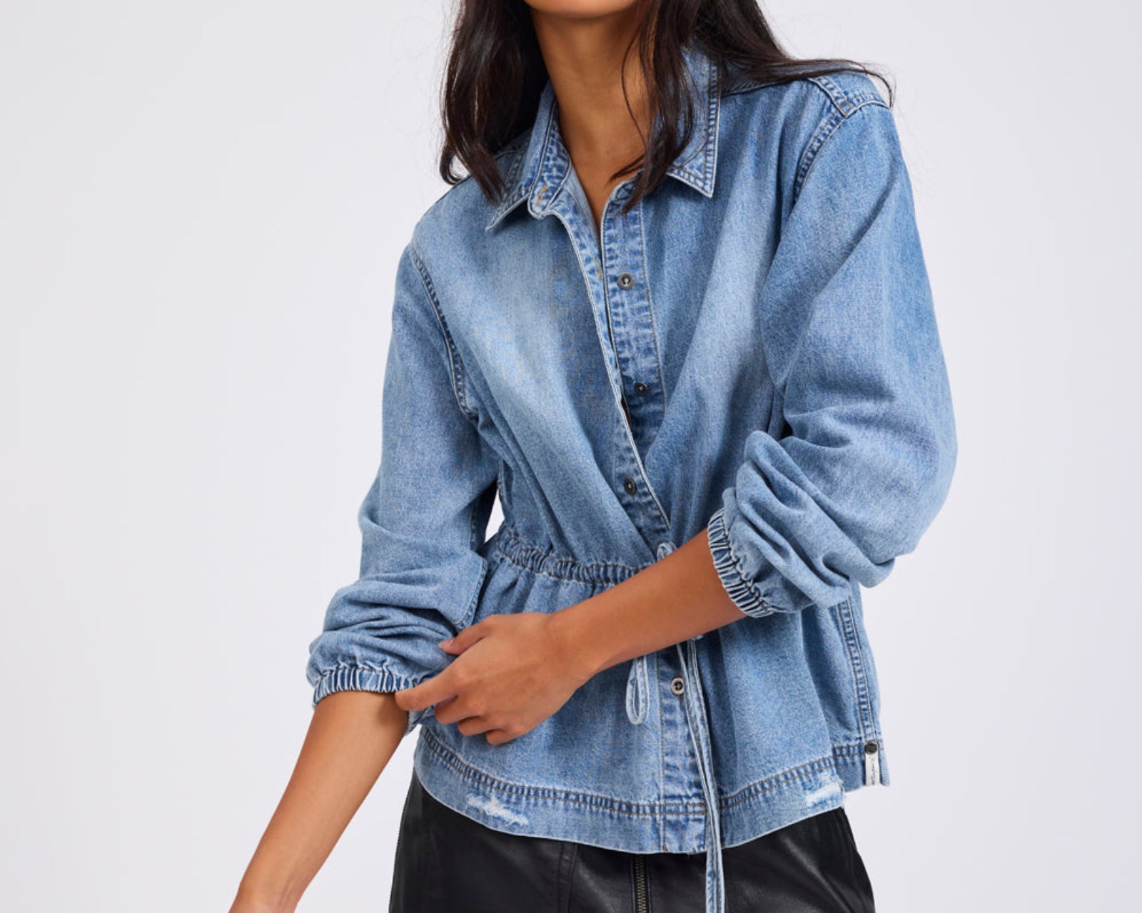 Drawstring Denim Shirt - Washed Blue