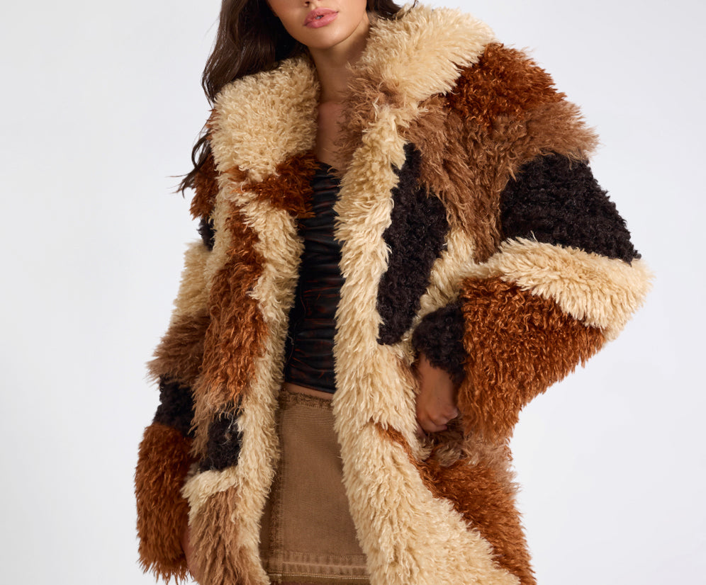 Mongolian Longline Faux Fur Jacket - Tan