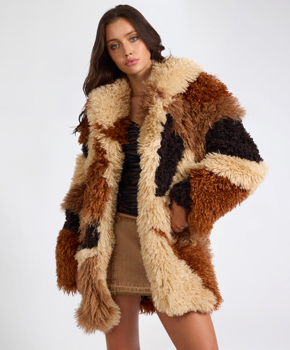 Products Mongolian Longline Faux Fur Jacket - Tan