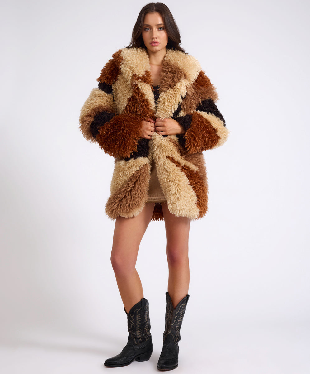 Products Mongolian Longline Faux Fur Jacket - Tan