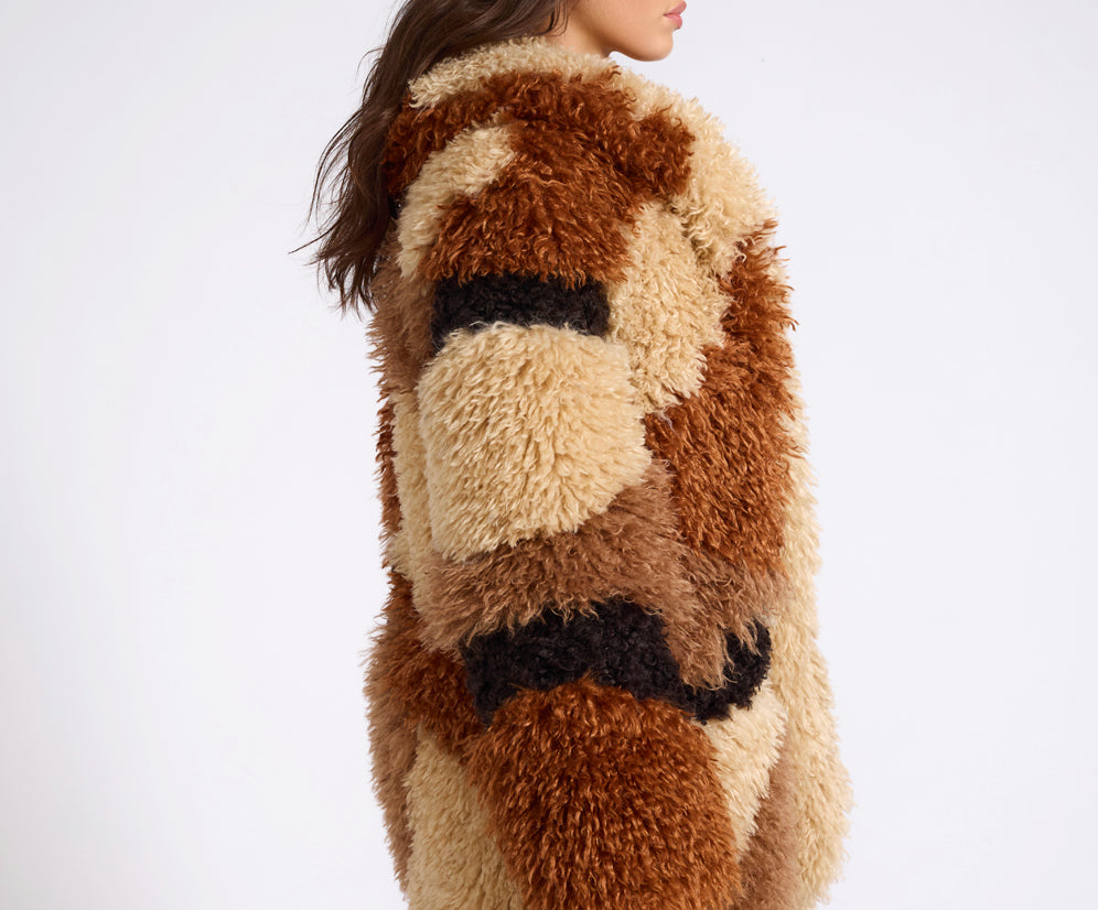 Mongolian Longline Faux Fur Jacket - Tan