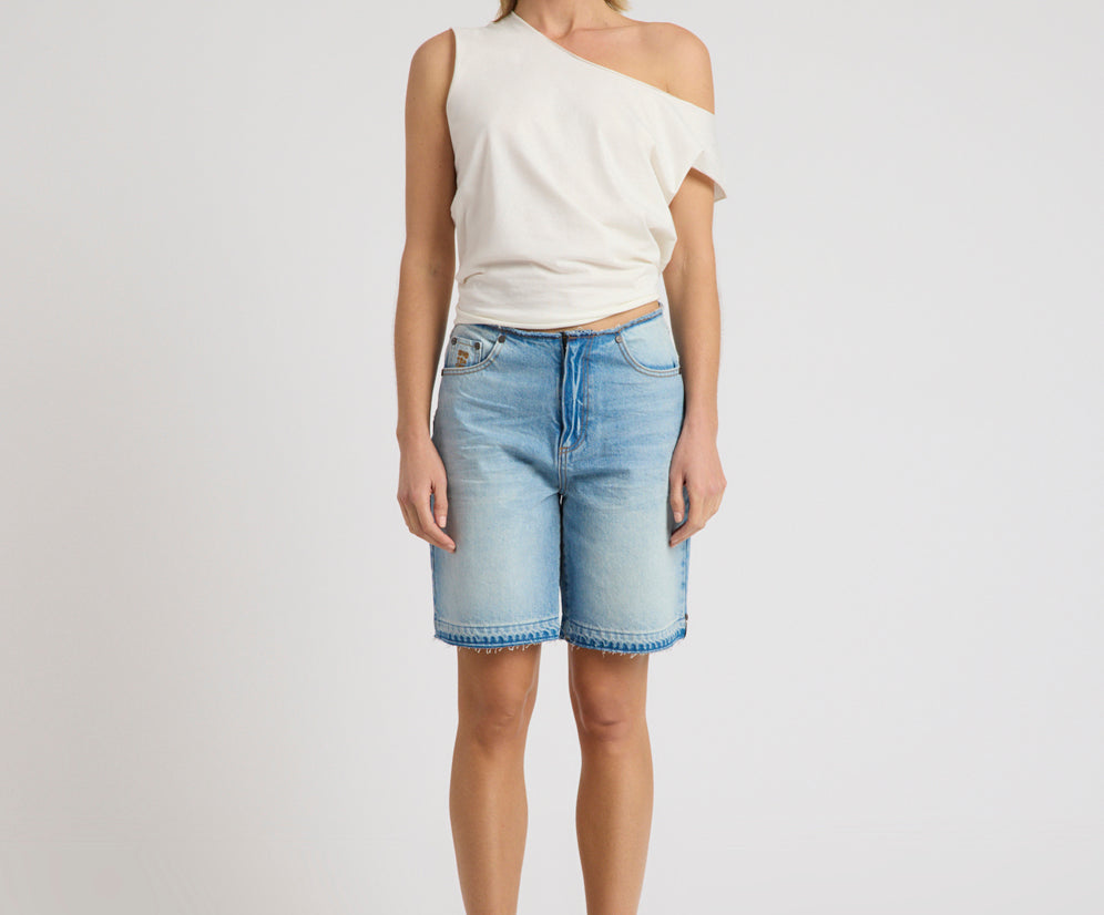 Rambler Mid Waist Wide Leg Boyfriend Denim Shorts - Endless Summer Blue