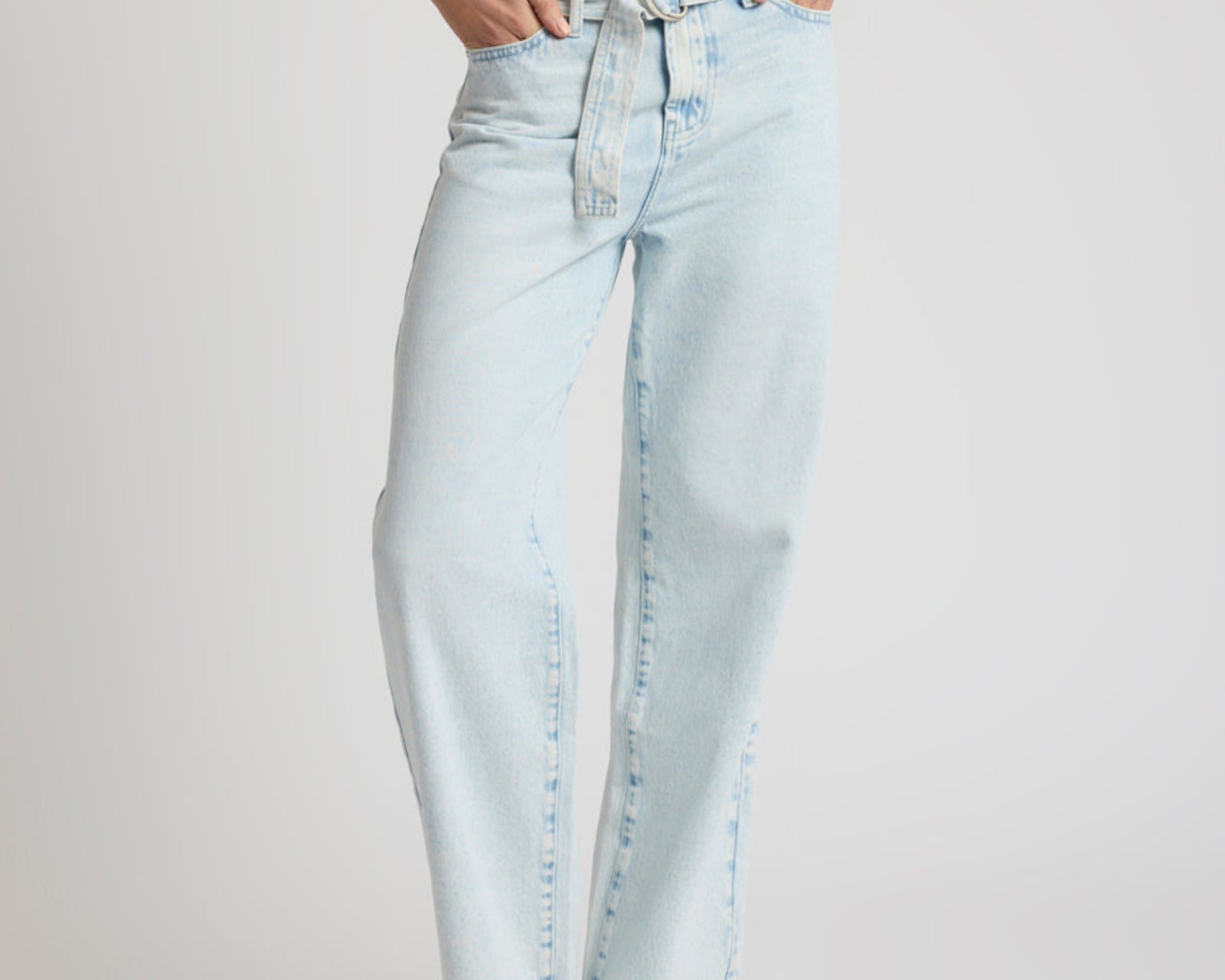 Jackson Belted Mid Waist Wide Leg Denim Jeans - Beach Blue