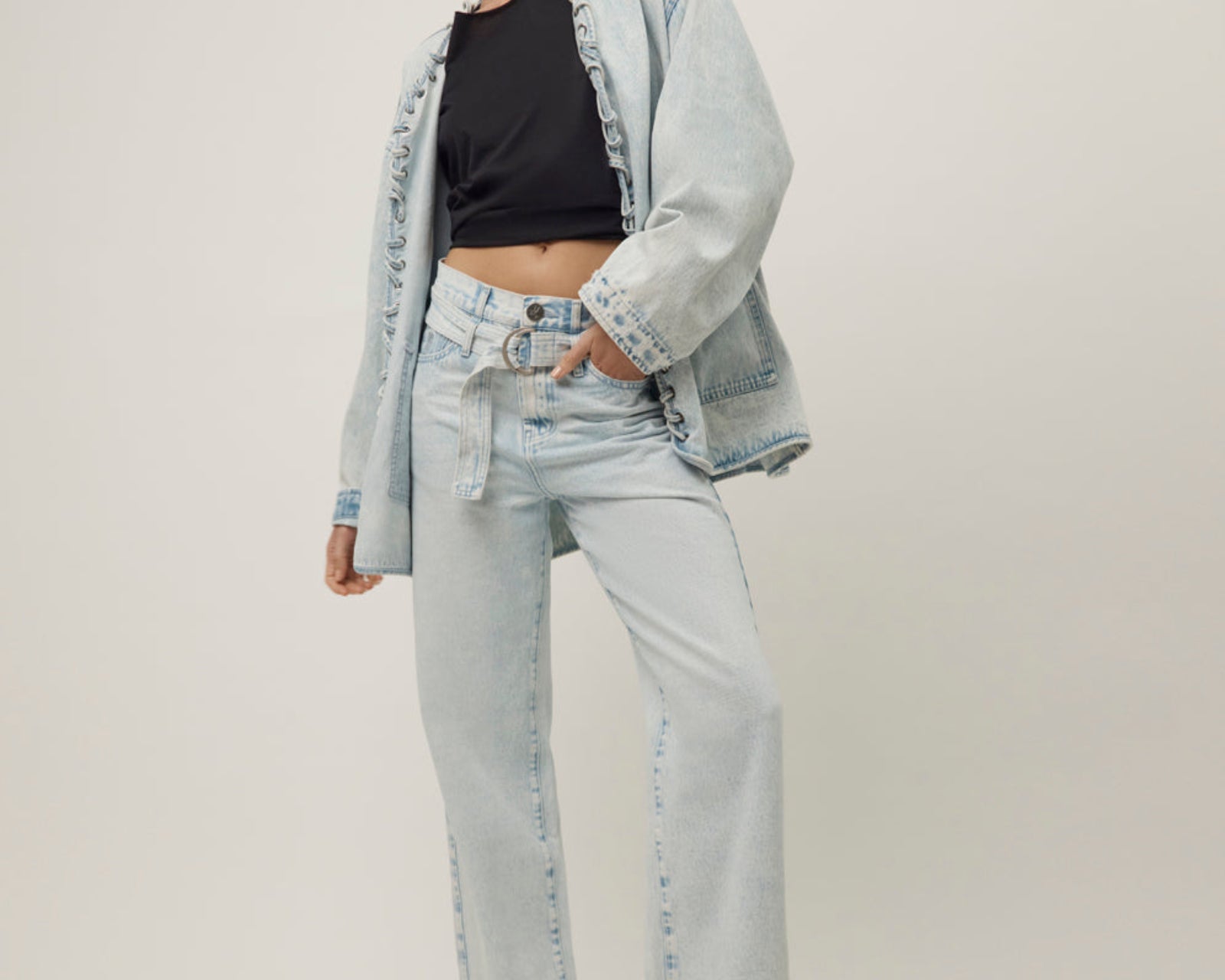 Jackson Belted Mid Waist Wide Leg Denim Jeans - Beach Blue