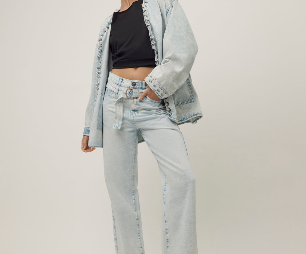Jackson Belted Mid Waist Wide Leg Denim Jeans - Beach Blue